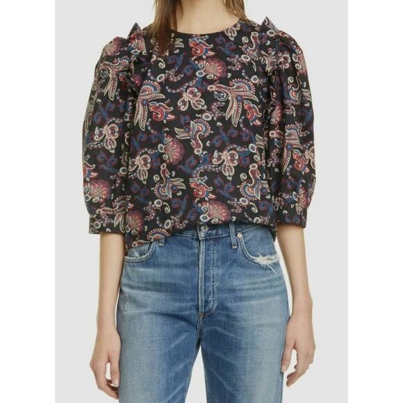 BA&SH Women RYM Black Paisley Print Ruffle Short-Sleeve Shirt Blouse Top Size XS - Picture 1 of 13